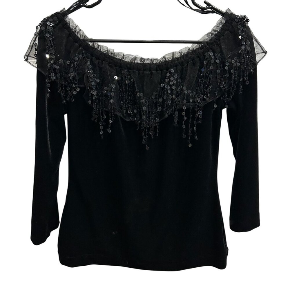 Vintage Cachet Black Stretch Velvet Off-Shoulder Top Sequined Trim Sz Small